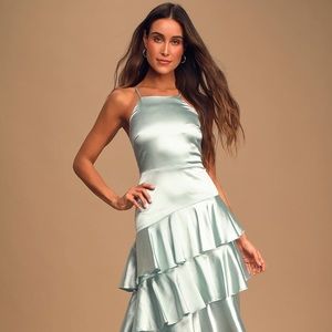 Lulu’s Call You Up Mint Satin Tiered Midi Dress